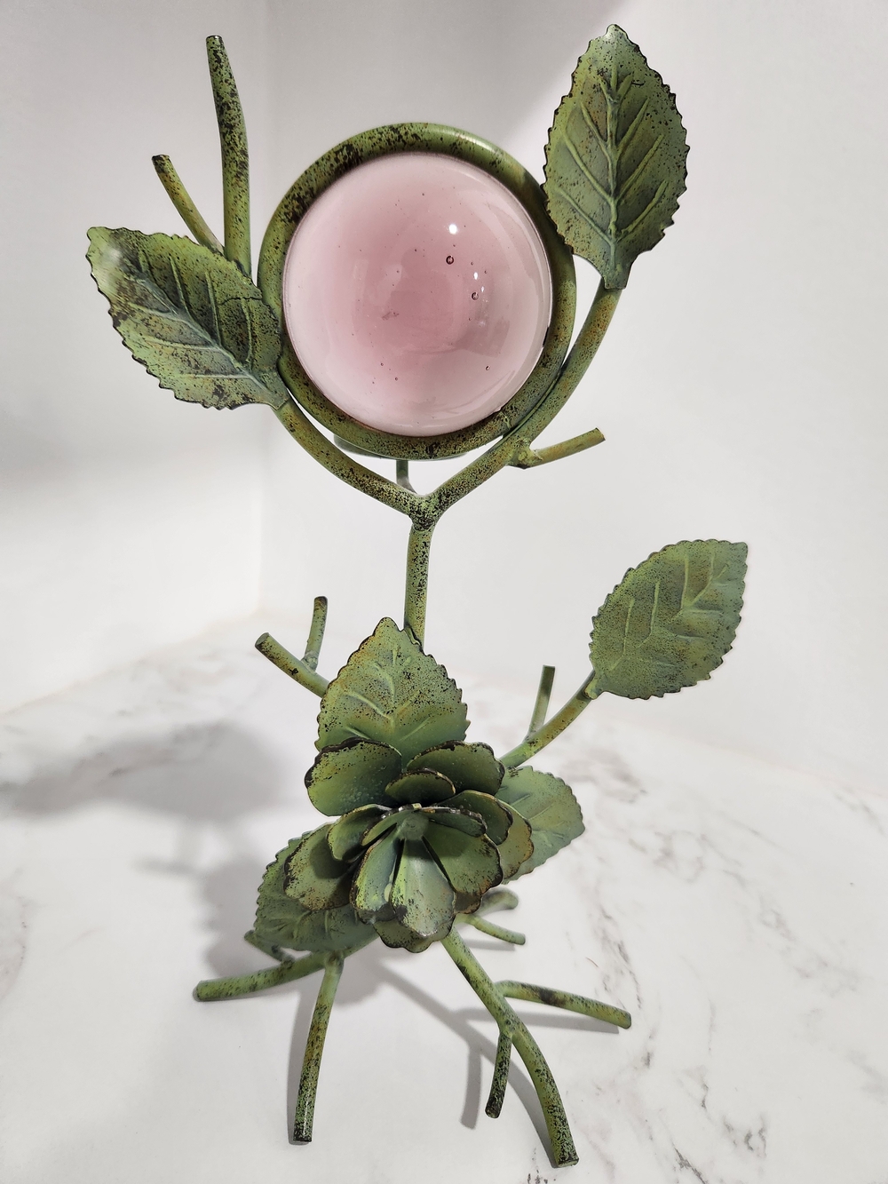 Vintage-Inspired Pink Glass Orb Sculpture with Green Metal Tea Candle Holder